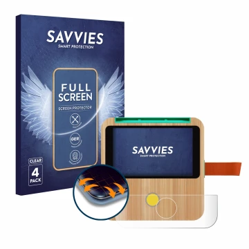 Face avant d’un emballage produit avec le logo de la marque Savvies. À côté, l’appareil tigerbox Touch est représenté avec la 
