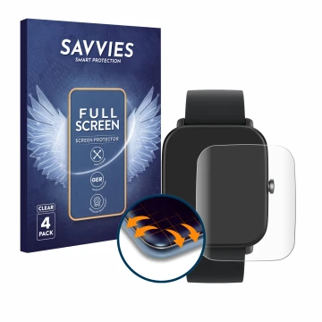 Face avant d’un emballage produit avec le logo de la marque Savvies. À côté, l’appareil Huami Amazfit Bip U est représenté ave