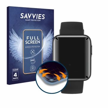 Face avant d’un emballage produit avec le logo de la marque Savvies. À côté, l’appareil Xiaomi Mi Watch Lite est représenté av