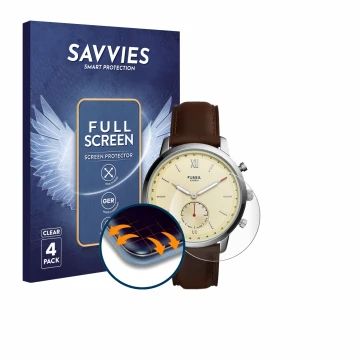 Face avant d’un emballage produit avec le logo de la marque Savvies. À côté, l’appareil Fossil Neutra Hybrid HR est représenté
