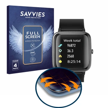 Face avant d’un emballage produit avec le logo de la marque Savvies. À côté, l’appareil Fitfort ID205L est représenté avec la 