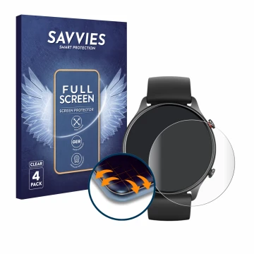 Face avant d’un emballage produit avec le logo de la marque Savvies. À côté, l’appareil Huami Amazfit GTR 2e est représenté av