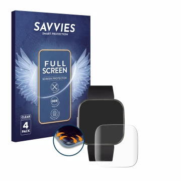 Face avant d’un emballage produit avec le logo de la marque Savvies. À côté, l’appareil Fitbit Versa 2 Special Edition est rep