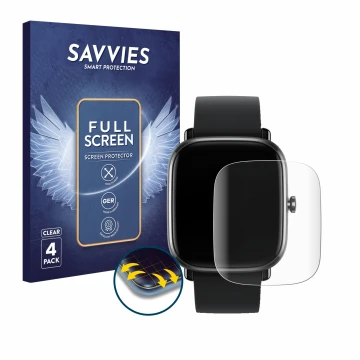 Face avant d’un emballage produit avec le logo de la marque Savvies. À côté, l’appareil Huami Amazfit GTS 2 mini est représent