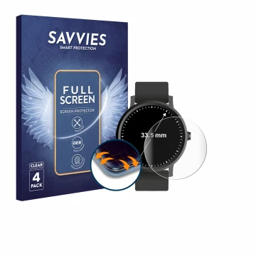 Face avant d’un emballage produit avec le logo de la marque Savvies. À côté, l’appareil Montres (Circulaire, ø: 33.5 mm) est r