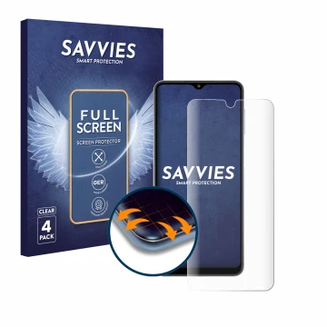 Face avant d’un emballage produit avec le logo de la marque Savvies. À côté, l’appareil Samsung Galaxy A32 5G est représenté a