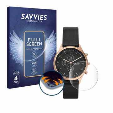 Face avant d’un emballage produit avec le logo de la marque Savvies. À côté, l’appareil Skagen Jorn Hybrid HR (38 mm) est repr