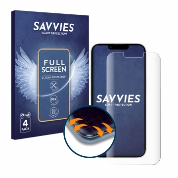 Face avant d’un emballage produit avec le logo de la marque Savvies. À côté, l’appareil Apple iPhone 13 est représenté avec la