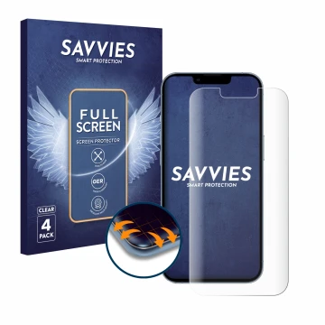 Face avant d’un emballage produit avec le logo de la marque Savvies. À côté, l’appareil Apple iPhone 13 Pro est représenté ave