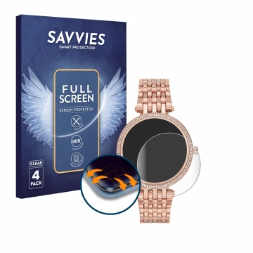 Face avant d’un emballage produit avec le logo de la marque Savvies. À côté, l’appareil Michael Kors Access Darci Gen 5E est r