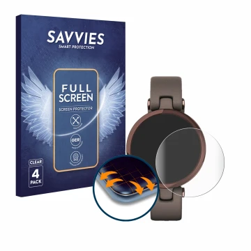 Face avant d’un emballage produit avec le logo de la marque Savvies. À côté, l’appareil Garmin Lily est représenté avec la pro