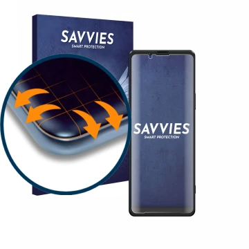 Face avant d’un emballage produit avec le logo de la marque Savvies. À côté, l’appareil Sony Xperia 1 III est représenté avec 