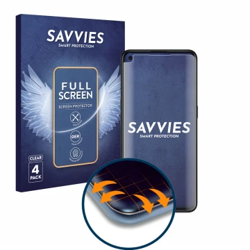 Face avant d’un emballage produit avec le logo de la marque Savvies. À côté, l’appareil Oppo Find X3 Lite est représenté avec 