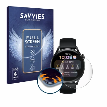 Face avant d’un emballage produit avec le logo de la marque Savvies. À côté, l’appareil Huawei Watch 3 est représenté avec la 