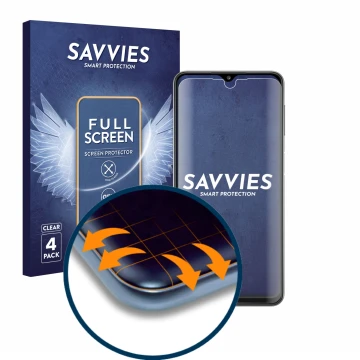 Face avant d’un emballage produit avec le logo de la marque Savvies. À côté, l’appareil Samsung Galaxy A32 est représenté avec