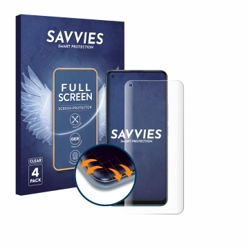Face avant d’un emballage produit avec le logo de la marque Savvies. À côté, l’appareil realme 8 est représenté avec la protec