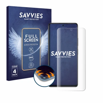 Face avant d’un emballage produit avec le logo de la marque Savvies. À côté, l’appareil Xiaomi Redmi Note 10S est représenté a