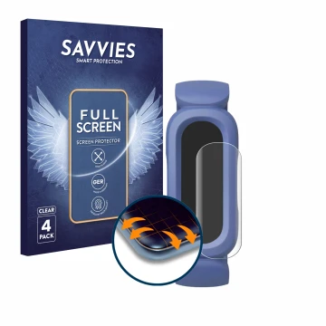Face avant d’un emballage produit avec le logo de la marque Savvies. À côté, l’appareil Fitbit Ace 3 est représenté avec la pr