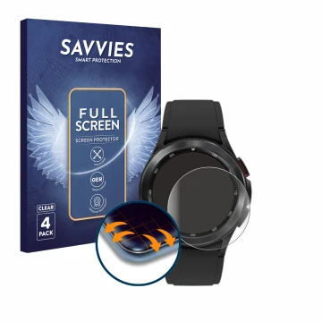 Face avant d’un emballage produit avec le logo de la marque Savvies. À côté, l’appareil Samsung Galaxy Watch 4 Classic (42mm) 