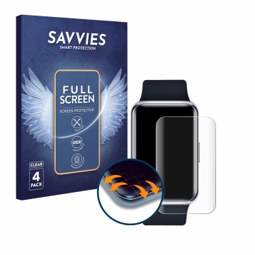 Face avant d’un emballage produit avec le logo de la marque Savvies. À côté, l’appareil Huawei Watch Fit Elegant est représent