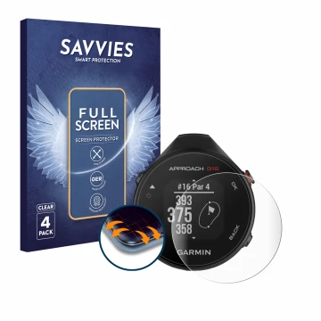 Face avant d’un emballage produit avec le logo de la marque Savvies. À côté, l’appareil Garmin Approach G12 est représenté ave