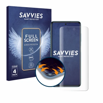 Face avant d’un emballage produit avec le logo de la marque Savvies. À côté, l’appareil Xiaomi Poco X3 Pro est représenté avec