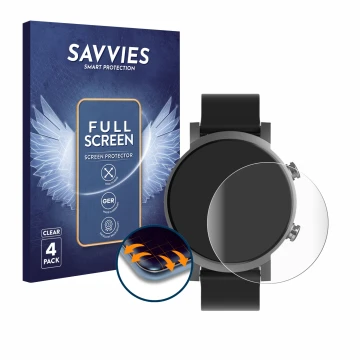 Face avant d’un emballage produit avec le logo de la marque Savvies. À côté, l’appareil Mobvoi Ticwatch E3 est représenté avec
