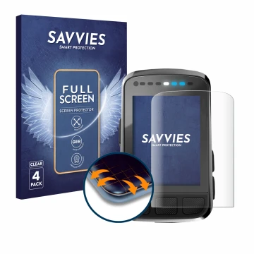 Face avant d’un emballage produit avec le logo de la marque Savvies. À côté, l’appareil Wahoo Elemnt Bolt V2 GPS est représent