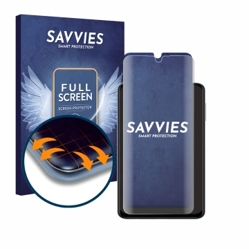 Face avant d’un emballage produit avec le logo de la marque Savvies. À côté, l’appareil Samsung Galaxy A22 4G est représenté a