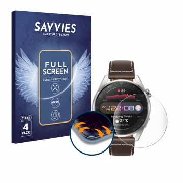 Face avant d’un emballage produit avec le logo de la marque Savvies. À côté, l’appareil Huawei Watch 3 Pro est représenté avec