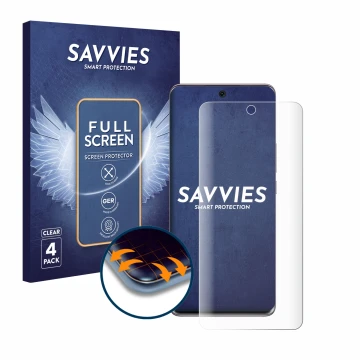 Face avant d’un emballage produit avec le logo de la marque Savvies. À côté, l’appareil Honor 50 est représenté avec la protec