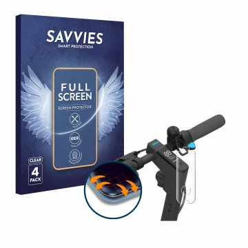 Face avant d’un emballage produit avec le logo de la marque Savvies. À côté, l’appareil Segway Ninebot KickScooter MAX G30D es