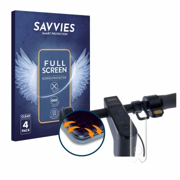 Face avant d’un emballage produit avec le logo de la marque Savvies. À côté, l’appareil Segway Ninebot KickScooter MAX G30 est