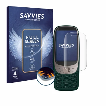 Face avant d’un emballage produit avec le logo de la marque Savvies. À côté, l’appareil Nokia 6310 (2021) est représenté avec 