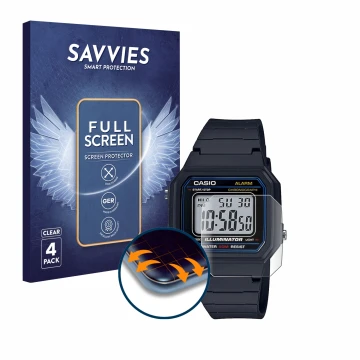 Face avant d’un emballage produit avec le logo de la marque Savvies. À côté, l’appareil Casio Unisex W-800H-1BVES est représen