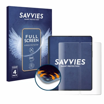 Face avant d’un emballage produit avec le logo de la marque Savvies. À côté, l’appareil Samsung Galaxy Z Fold 3 5G (Affichage 