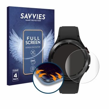 Face avant d’un emballage produit avec le logo de la marque Savvies. À côté, l’appareil Samsung Galaxy Watch 4 Classic (46mm) 
