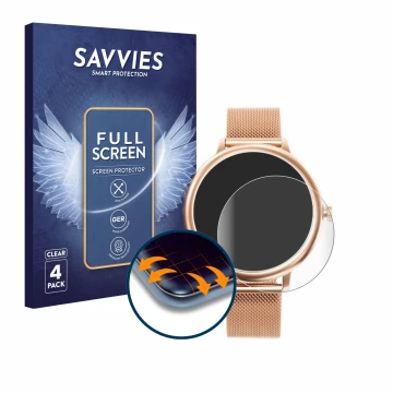 Face avant d’un emballage produit avec le logo de la marque Savvies. À côté, l’appareil Naixues Smartwatch CF80 1.08