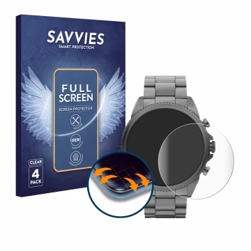 Face avant d’un emballage produit avec le logo de la marque Savvies. À côté, l’appareil Fossil Gen 6 (44mm) est représenté ave
