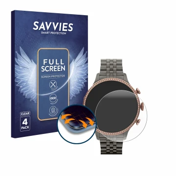 Face avant d’un emballage produit avec le logo de la marque Savvies. À côté, l’appareil Fossil Gen 6 (42mm) est représenté ave