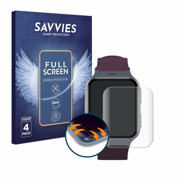 Face avant d’un emballage produit avec le logo de la marque Savvies. À côté, l’appareil TCL Safety Watch MT43AX est représenté
