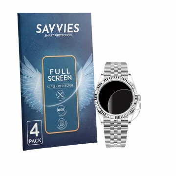 Face avant d’un emballage produit avec le logo de la marque Savvies. À côté, l’appareil Rolex Datejust 36 est représenté avec 