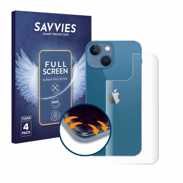 Face avant d’un emballage produit avec le logo de la marque Savvies. À côté, l’appareil Apple iPhone 13 mini (Arrière) est rep