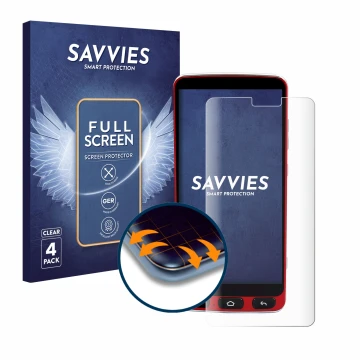 Face avant d’un emballage produit avec le logo de la marque Savvies. À côté, l’appareil Olympia Neo Smartphone est représenté 