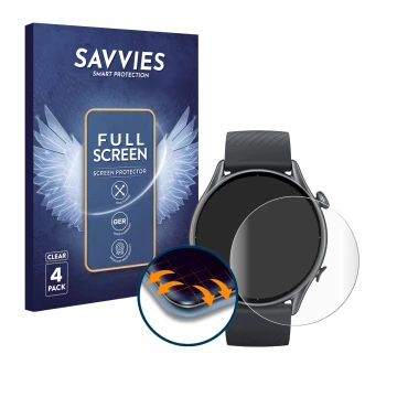 Face avant d’un emballage produit avec le logo de la marque Savvies. À côté, l’appareil Huami Amazfit GTR 3 est représenté ave