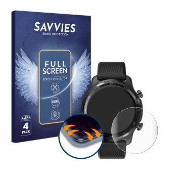 Face avant d’un emballage produit avec le logo de la marque Savvies. À côté, l’appareil Mobvoi Ticwatch Pro 3 Ultra GPS est re