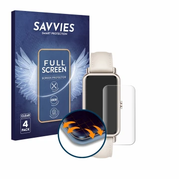 Face avant d’un emballage produit avec le logo de la marque Savvies. À côté, l’appareil Huawei Watch Fit mini est représenté a