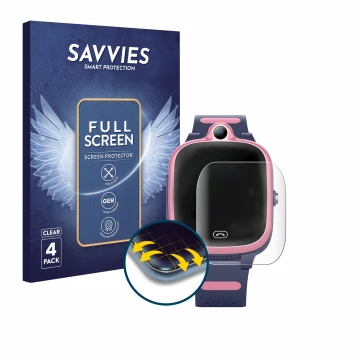 Face avant d’un emballage produit avec le logo de la marque Savvies. À côté, l’appareil Fitonme 4G Smartwatch S.B-1034 est rep