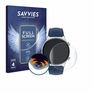 Face avant d’un emballage produit avec le logo de la marque Savvies. À côté, l’appareil Honor Watch GS 3 est représenté avec l