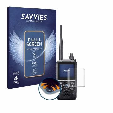 Face avant d’un emballage produit avec le logo de la marque Savvies. À côté, l’appareil Icom ID-52E est représenté avec la pro